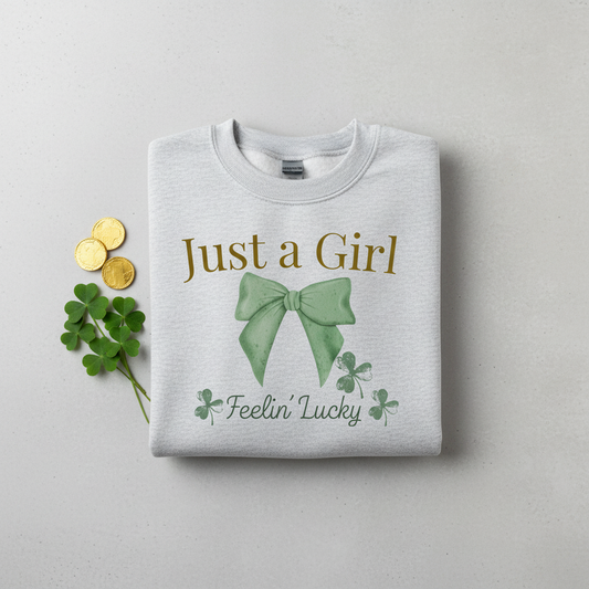 Just a Girl Feelin' Lucky Sweatshirt — St. Patrick's Day Clover Bow Crewneck